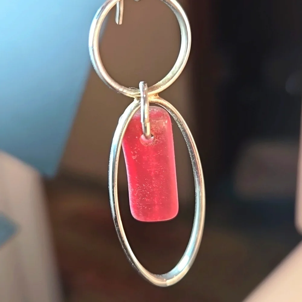 Silver & Sea Glass Elegant Drop Earrings Big Sur Dark Pink NWT